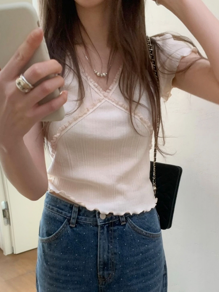 러블리 프릴 브이넥 여성 여름 티셔츠 이너 썸머 여자 반팔티 세미크롭반팔티 - 상세 이미지 2