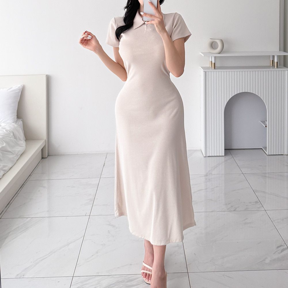 미레후 카라 반팔 A라인 롱원피스 AC0180 - 상세 이미지 2
