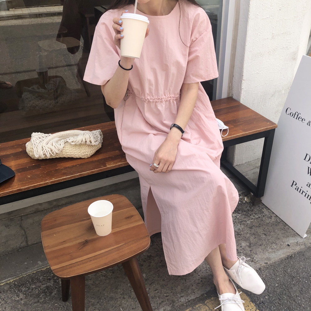 고급 나일론 반팔 바스락 원피스 아노락 여성 여름 롱 원피스 맥시 핑크 네이비 데일리룩 - 상세 이미지 2