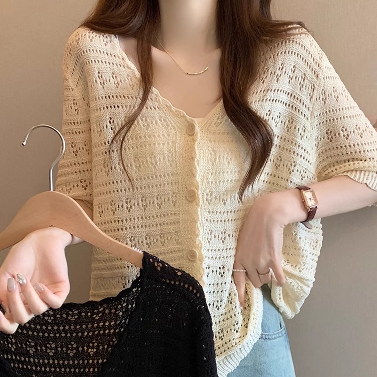 브이넥 펀칭 루즈핏가디건 얇은 반팔 자외선차단 물결포인트 실크형재질 아이보리 블랙 - 상품 이미지