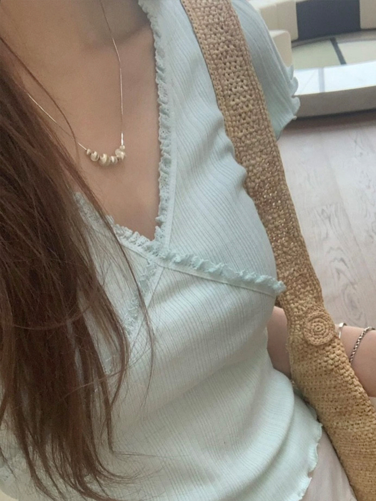 러블리 프릴 브이넥 여성 여름 티셔츠 이너 썸머 여자 반팔티 세미크롭반팔티 이미지 7