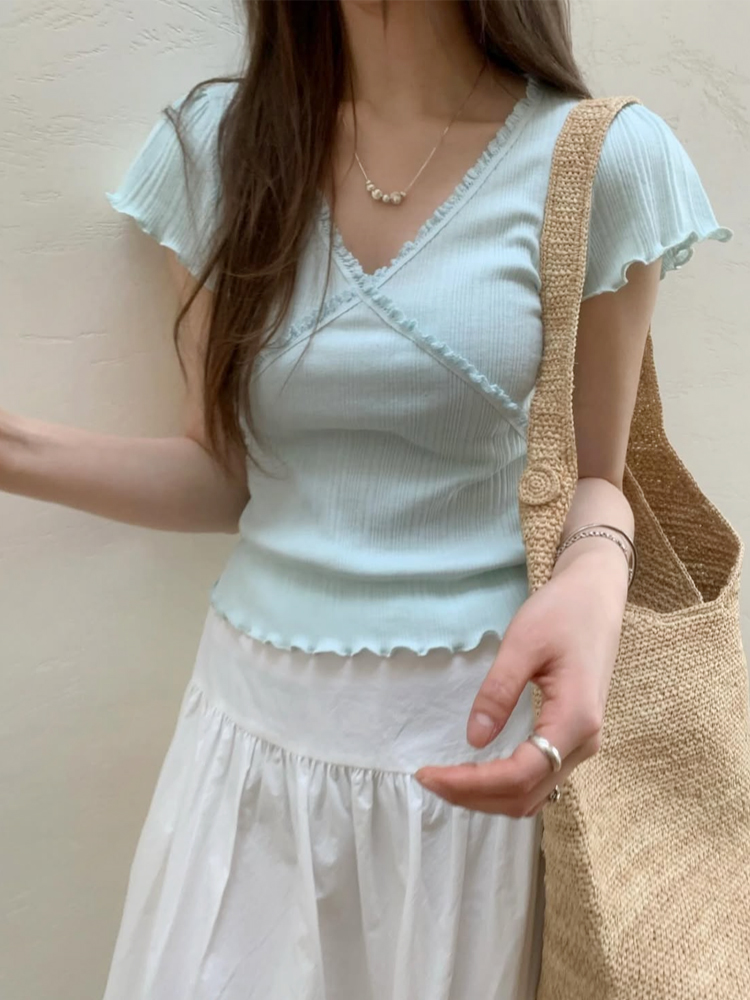 러블리 프릴 브이넥 여성 여름 티셔츠 이너 썸머 여자 반팔티 세미크롭반팔티 이미지 6