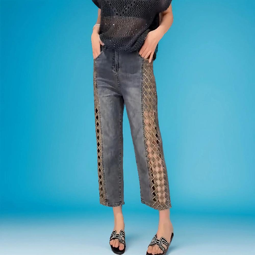 컷아웃 격자 레이스 자수 청바지 여름 데님팬츠 bying24 블루 S(42.5-50kg) - 상품 이미지
