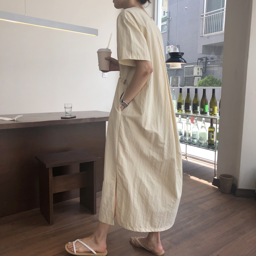 고급 나일론 반팔 바스락 원피스 아노락 여성 여름 롱 원피스 맥시 핑크 네이비 데일리룩 - 상세 이미지 5