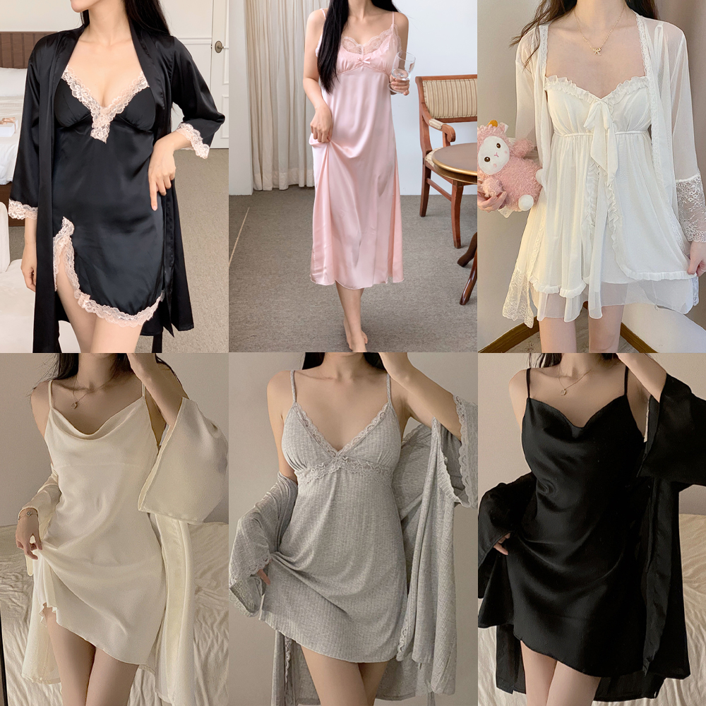 실크잠옷 원피스잠옷 수면 로브 가운 공주 신혼부부 긴팔 홈웨어 제품 이미지