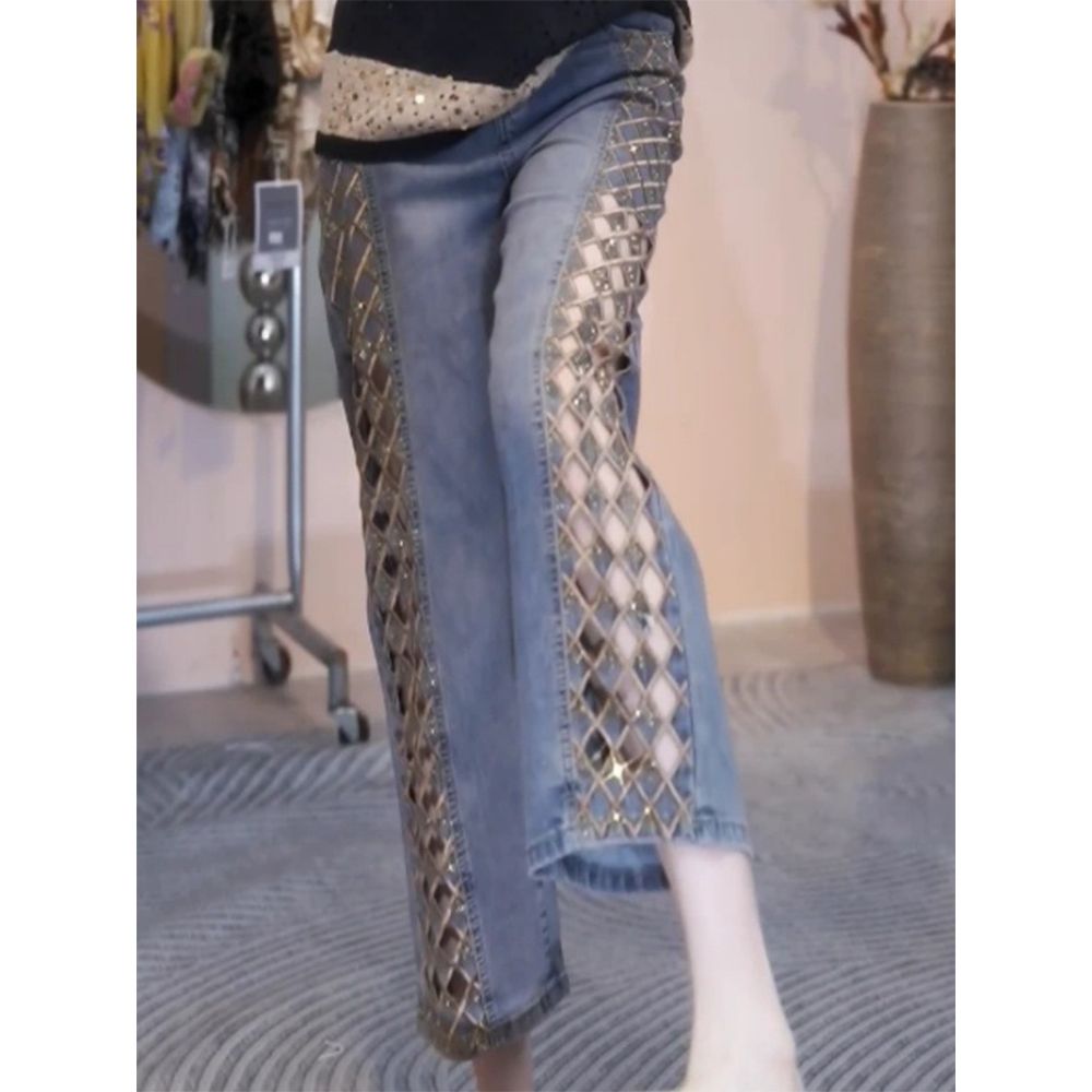 컷아웃 격자 레이스 자수 청바지 여름 데님팬츠 bying24 블루 S(42.5-50kg) - 상세 이미지 4