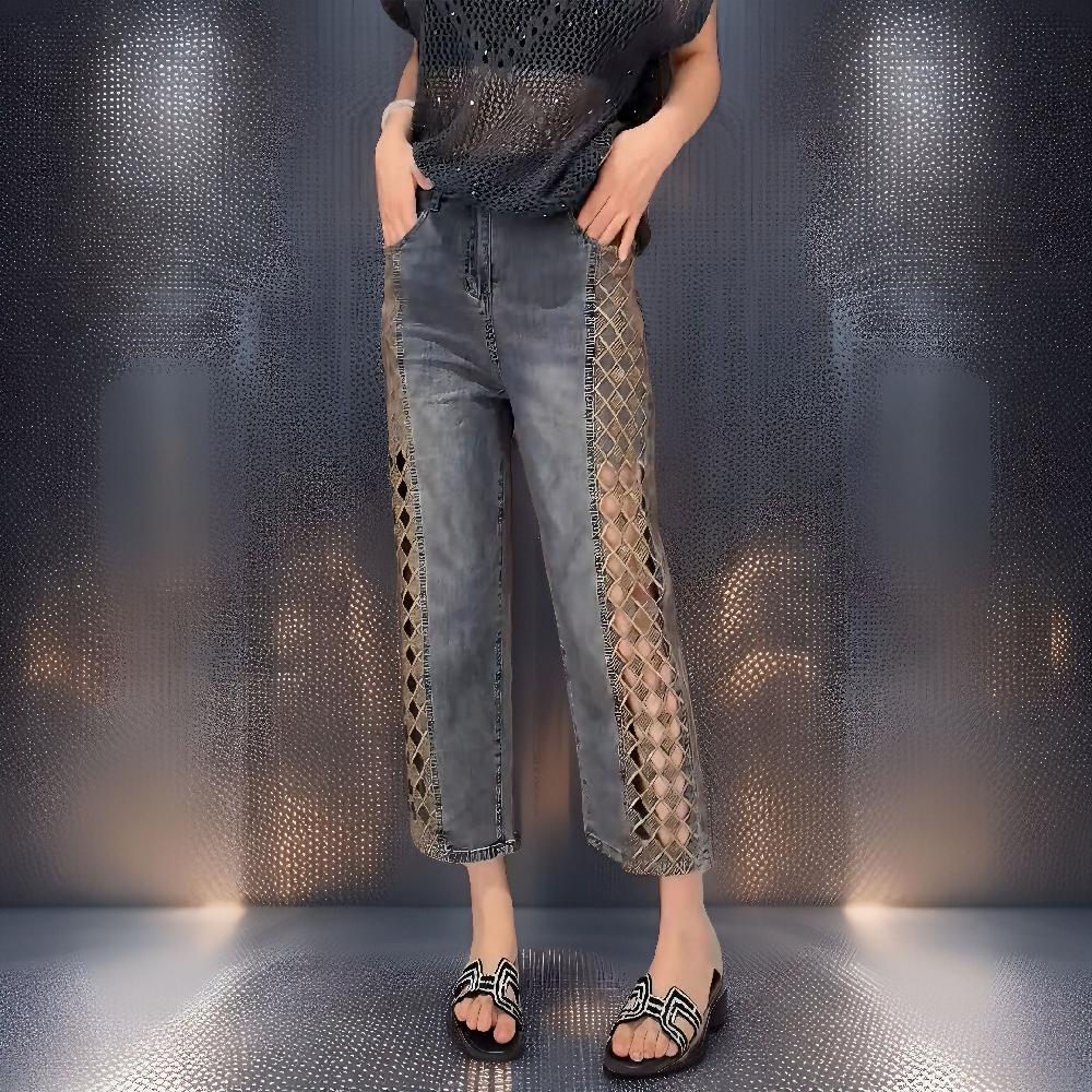 컷아웃 격자 레이스 자수 청바지 여름 데님팬츠 bying24 블루 S(42.5-50kg) - 상세 이미지 3