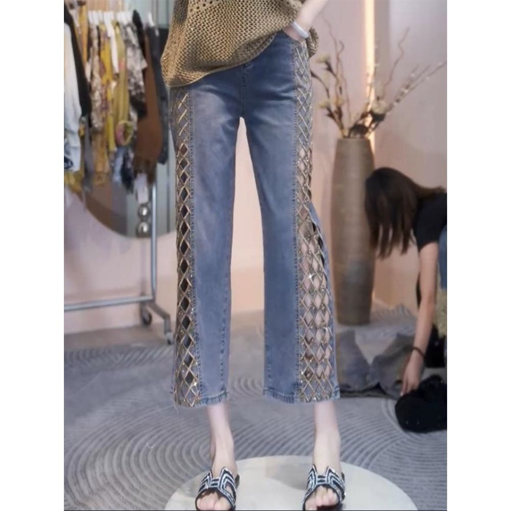 컷아웃 격자 레이스 자수 청바지 여름 데님팬츠 bying24 블루 S(42.5-50kg) 이미지 7