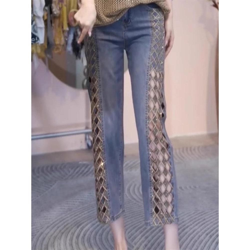 컷아웃 격자 레이스 자수 청바지 여름 데님팬츠 bying24 블루 S(42.5-50kg) - 상세 이미지 2