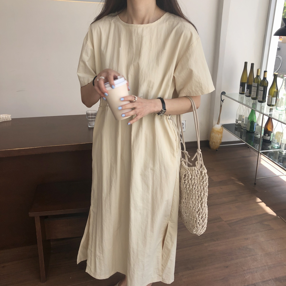 고급 나일론 반팔 바스락 원피스 아노락 여성 여름 롱 원피스 맥시 핑크 네이비 데일리룩 - 상세 이미지 4