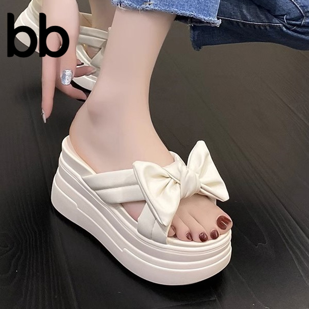 왕리본 슬리퍼 여성 9cm 통굽 뮬 푹신한 키높이 쿠션 사무실 폭신한슬리퍼 블랙 220 - 상세 이미지 3