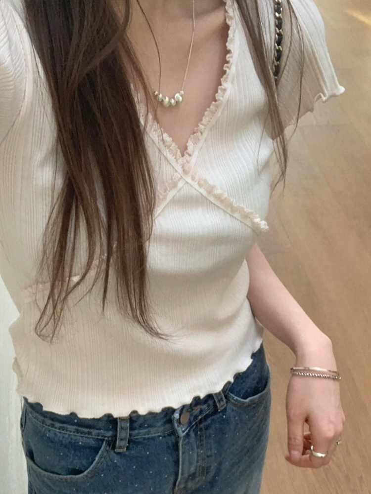 러블리 프릴 브이넥 여성 여름 티셔츠 이너 썸머 여자 반팔티 세미크롭반팔티 - 상세 이미지 5