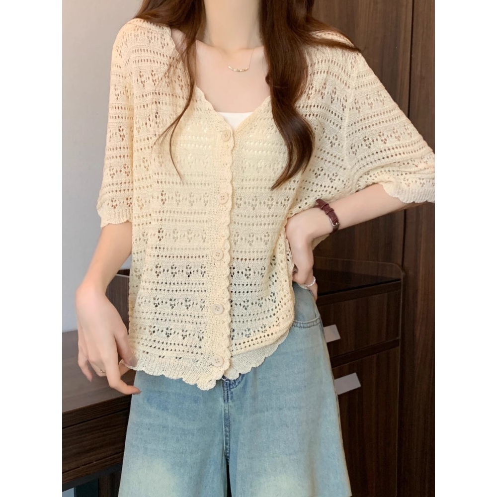 브이넥 펀칭 루즈핏가디건 얇은 반팔 자외선차단 물결포인트 실크형재질 아이보리 블랙 - 상세 이미지 2