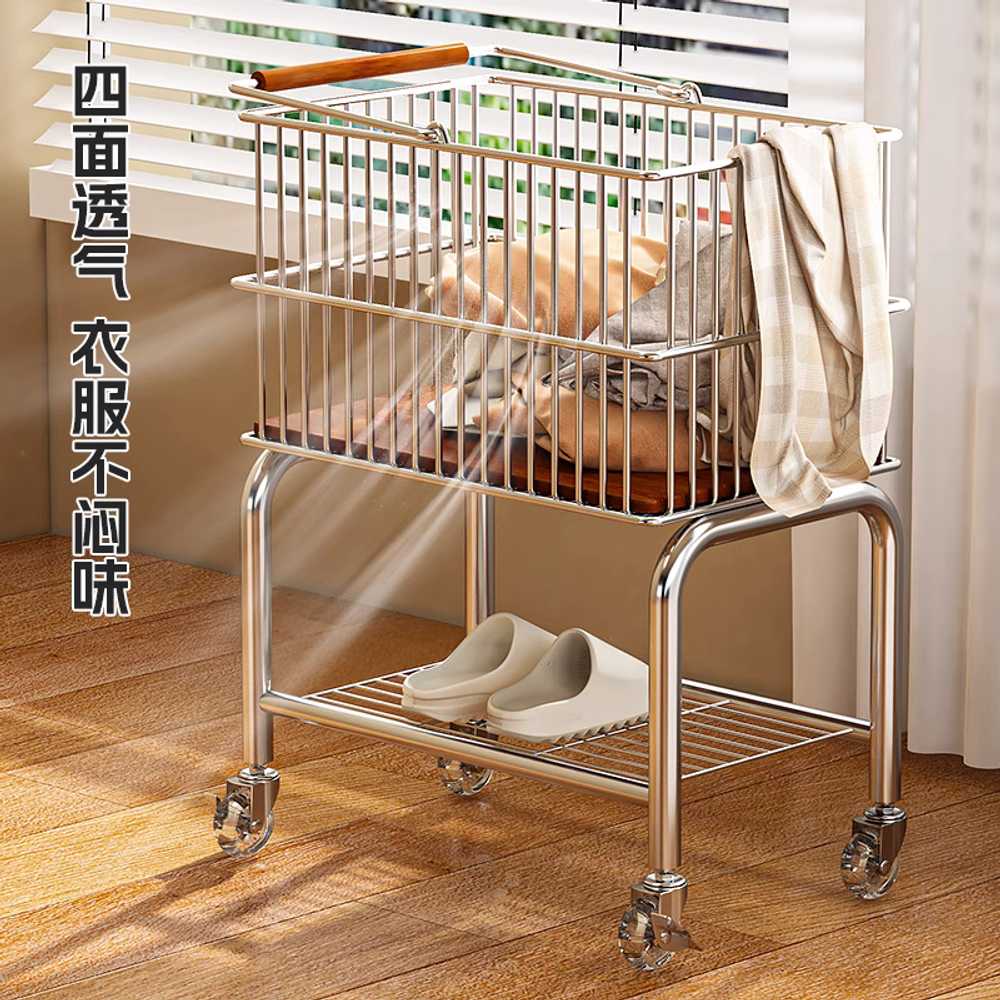 스텐 빨래바구니 이동식 가정용 침실 욕실 앞 옷 카트 - 상세 이미지 4