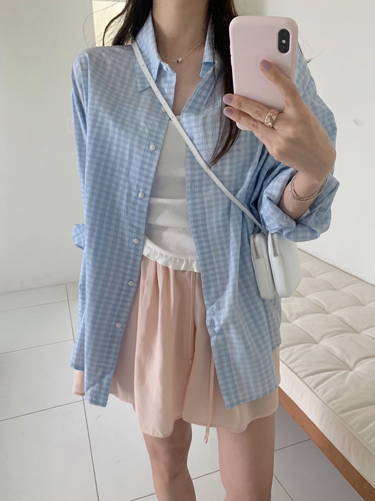 오버핏 얇은 체크 셔츠 블라우스 여름남방 썸머블라우스 긴팔 여자 여름셔츠 블루 하늘색 - 상세 이미지 3