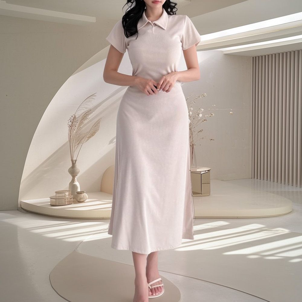 미레후 카라 반팔 A라인 롱원피스 AC0180 - 상품 이미지