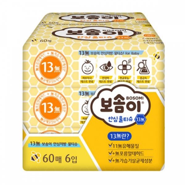 안심물티슈13無 -박스 4팩입 보솜이 깨끗한나라 60매x6개입
