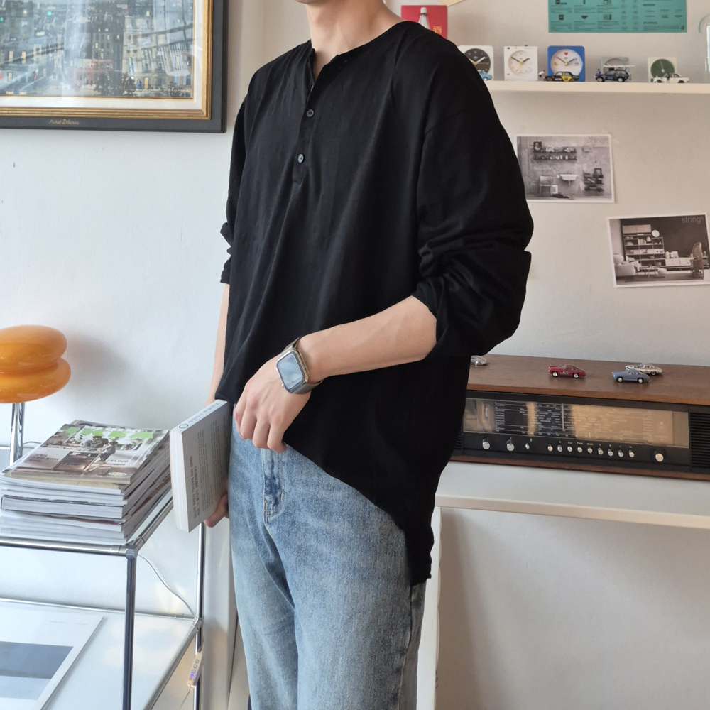 남자 여름 긴팔티 오버핏 슬라브 린넨 티셔츠 쿨 티셔츠 - 상세 이미지 2