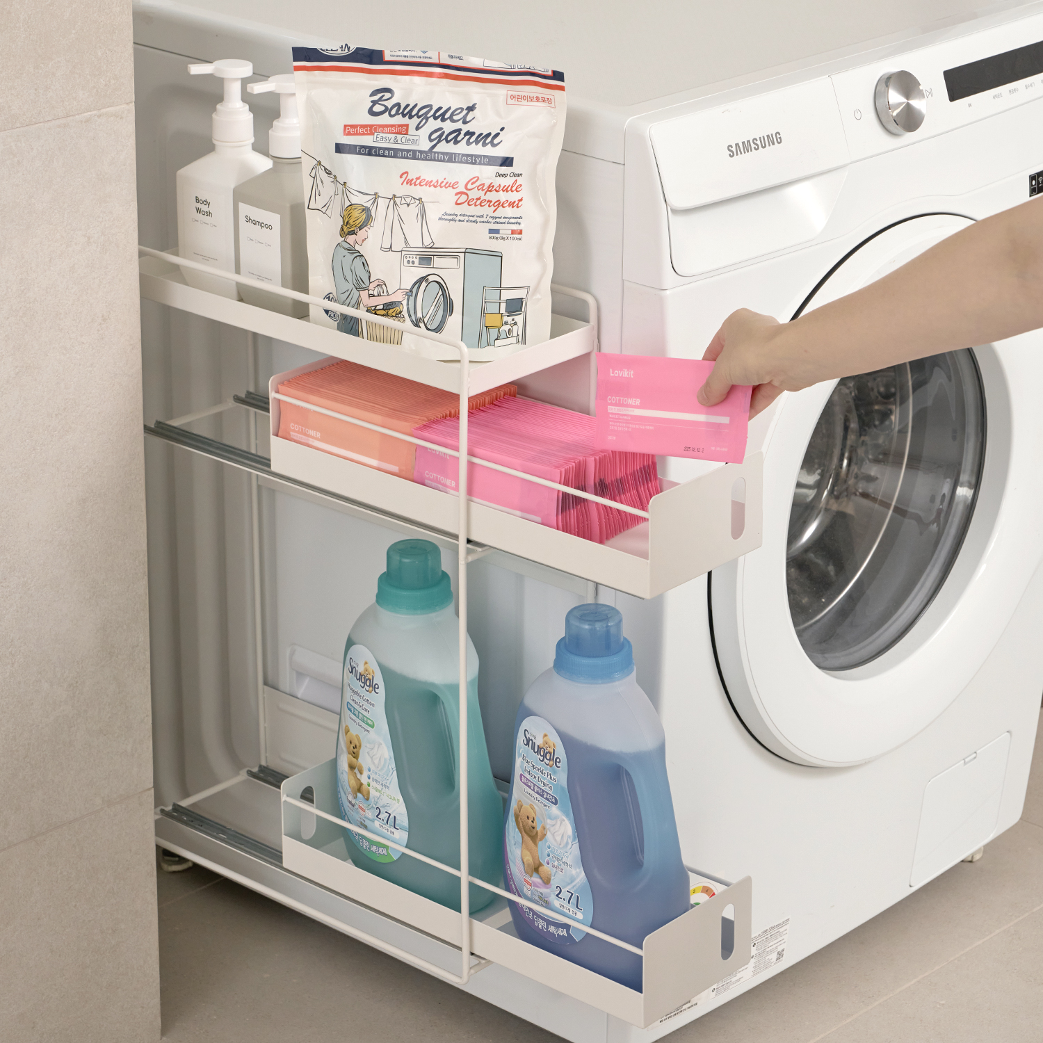 [공중부양 선반] 코드리빙 틈새 수납 세탁기 세탁실 무타공 슬림핏 자석 선반 정리대 중형 3단