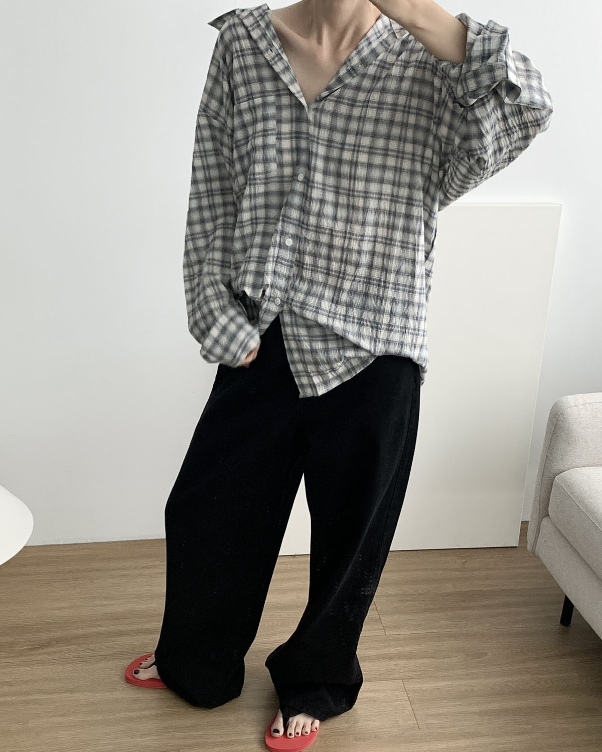 [일부당일] 로니 체크셔츠 남녀공용 썸머 오버핏 아사면 시어서커 남방 웨어링무드 (4c) - 상세 이미지 3