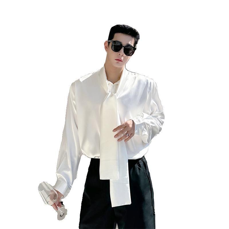 남자 타이 셔츠 블라우스 긴팔 루즈핏 새틴 프릴 검은색 M - 상세 이미지 5