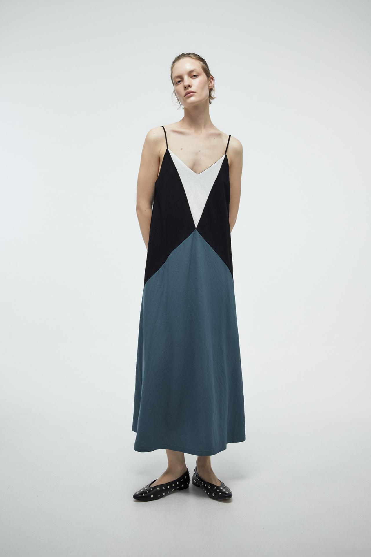 스페라 린넨 블록 롱 원피스 056262109541 VERDE