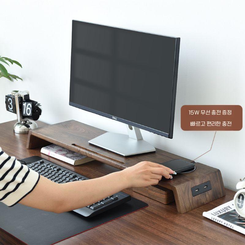 모니터 스탠드 원목 받침대 무선충전 USB포트 데스크랙 - 상세 이미지 2