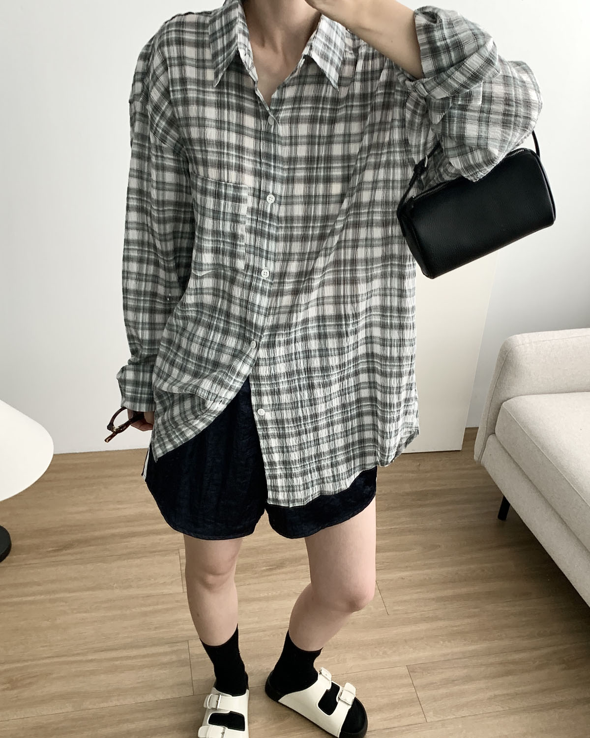 [일부당일] 로니 체크셔츠 남녀공용 썸머 오버핏 아사면 시어서커 남방 웨어링무드 (4c) 이미지 7