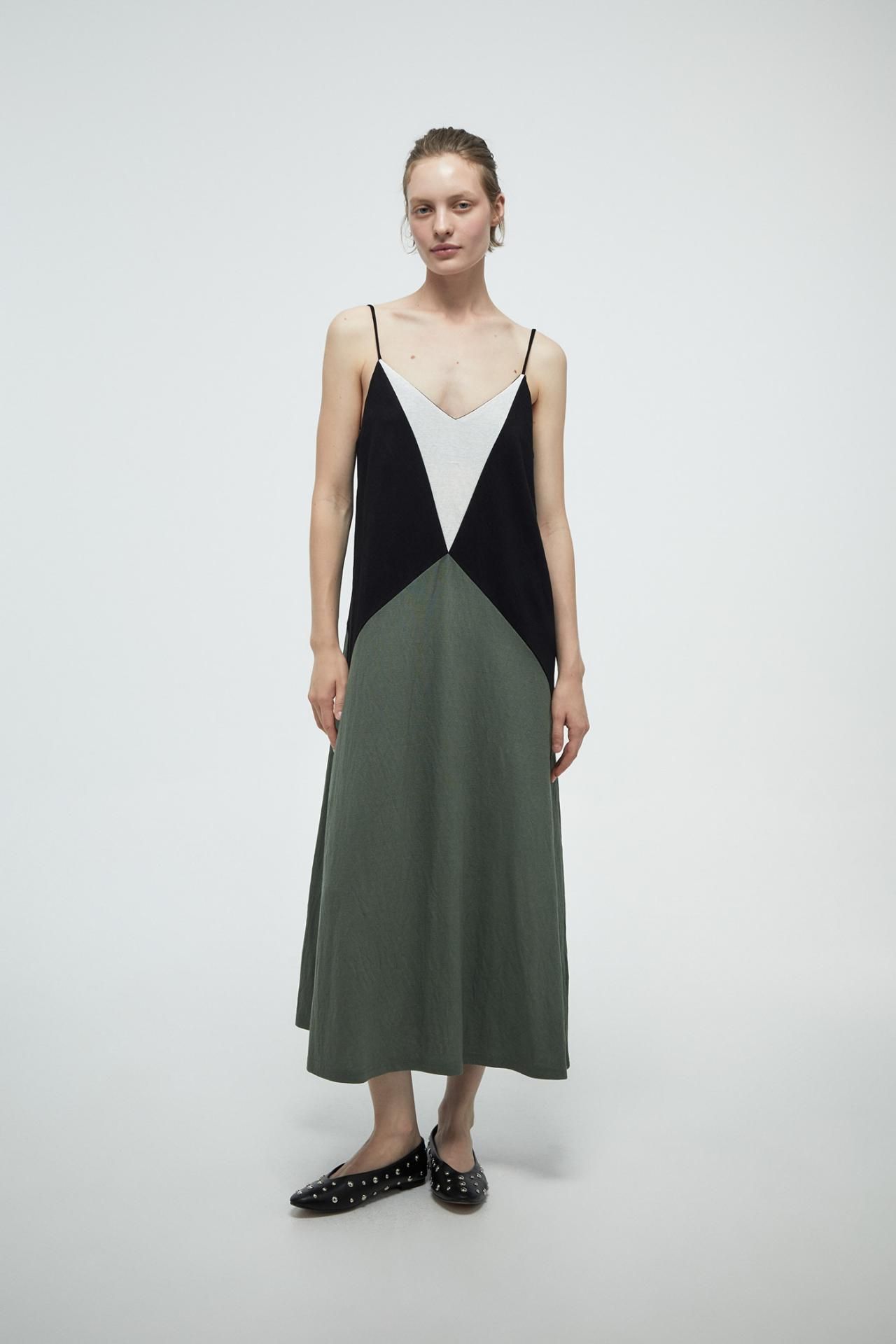 스페라 린넨 블록 롱 원피스 056262109558 KAKI