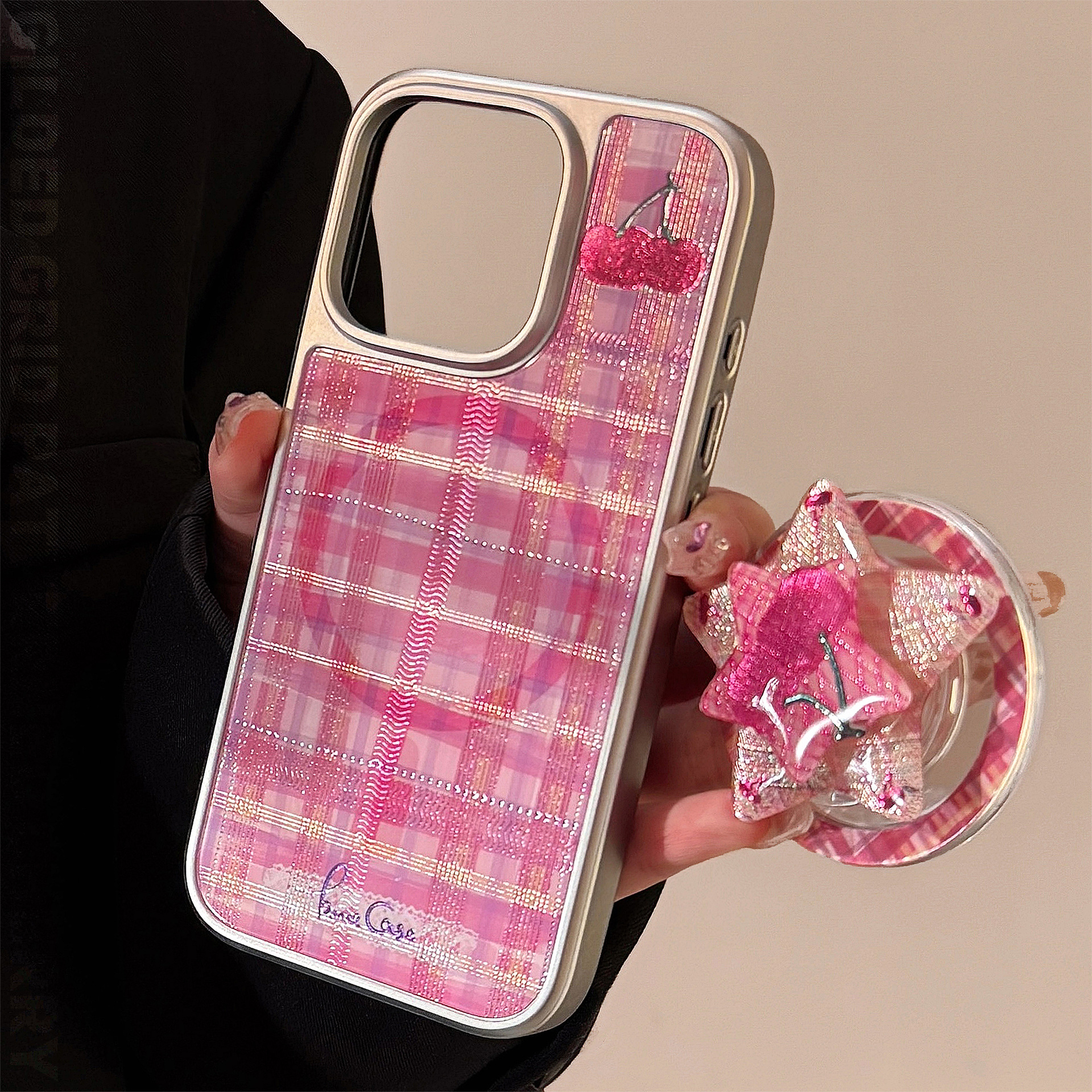 [2Style] 레드체크 체리 골드포일 젤리 아이폰케이스 - 상품 이미지