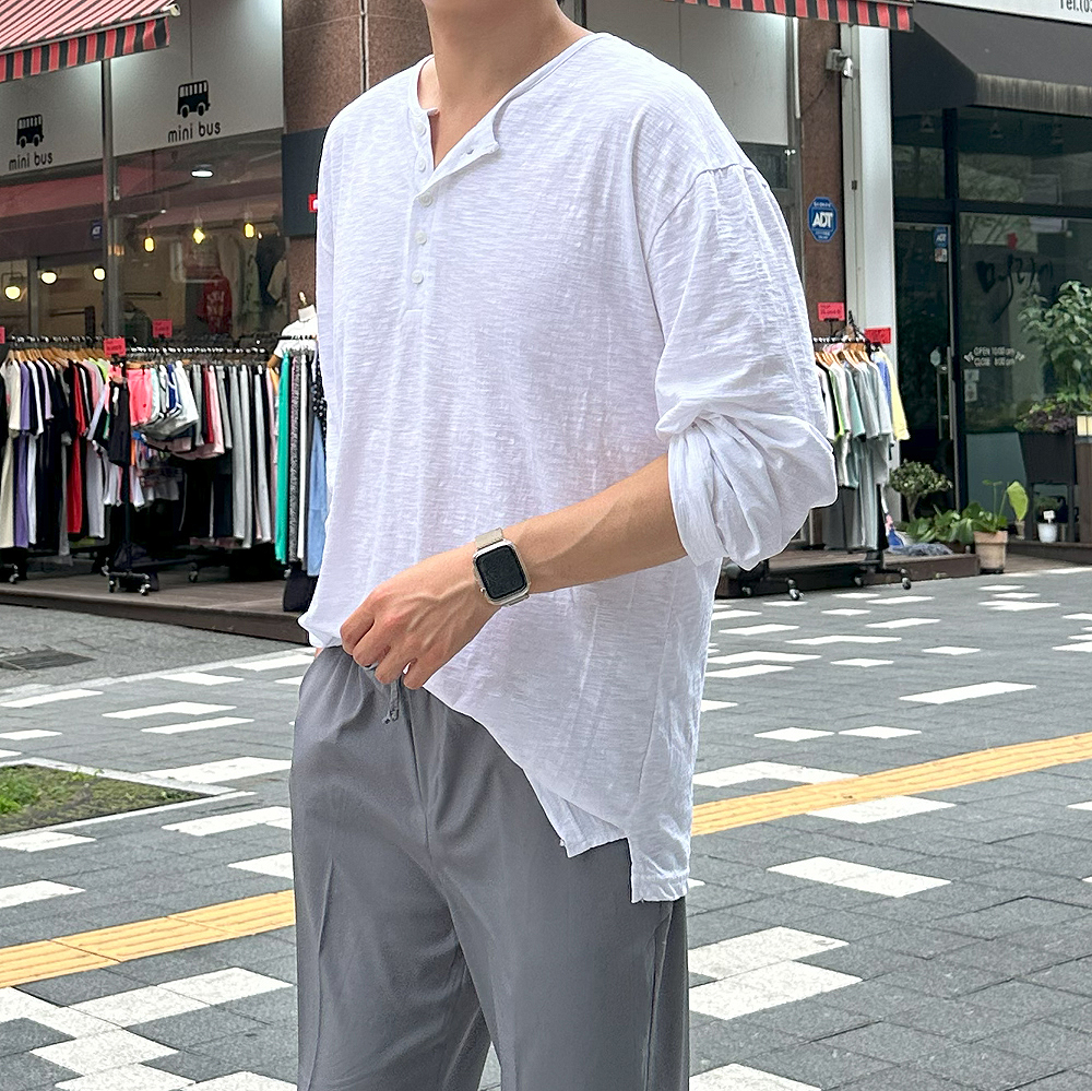 남자 여름 긴팔티 오버핏 슬라브 린넨 티셔츠 쿨 티셔츠 - 상품 이미지