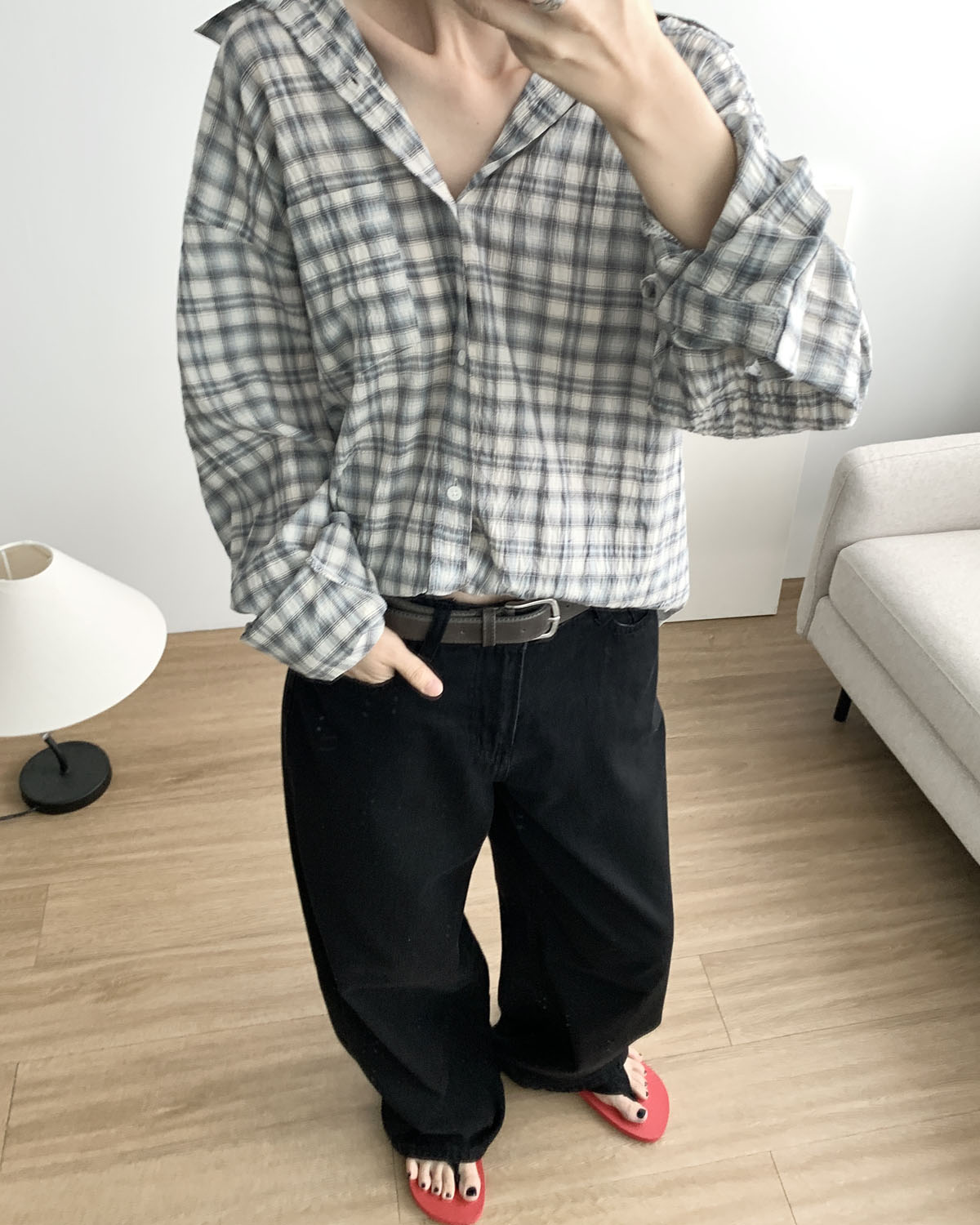[일부당일] 로니 체크셔츠 남녀공용 썸머 오버핏 아사면 시어서커 남방 웨어링무드 (4c) - 상세 이미지 2