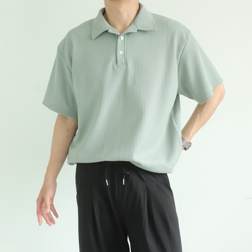 남자 반팔티 오버핏 구김없는 와플 피케 헨리넥 반팔 카라 티셔츠 이미지 7