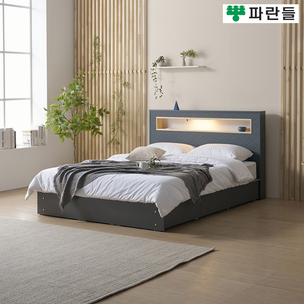 파란들가구 편백 LED 사선무늬헤드 서랍수납 침대프레임 - 상세 이미지 4