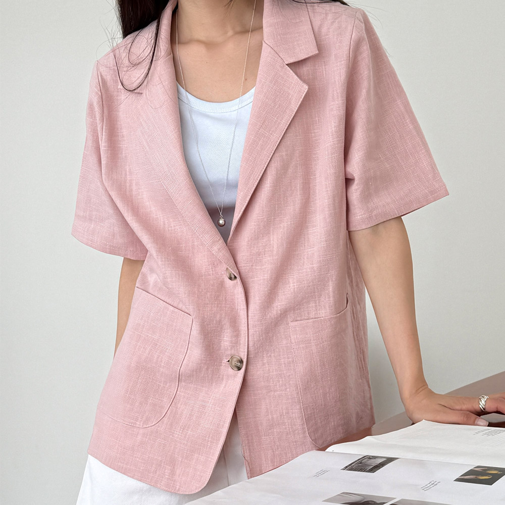 여름 린넨 자켓 여성 반팔 자켓 오버핏 카라 마 재킷 결혼식 하객룩 핑크 검정 아이보리 이미지 6