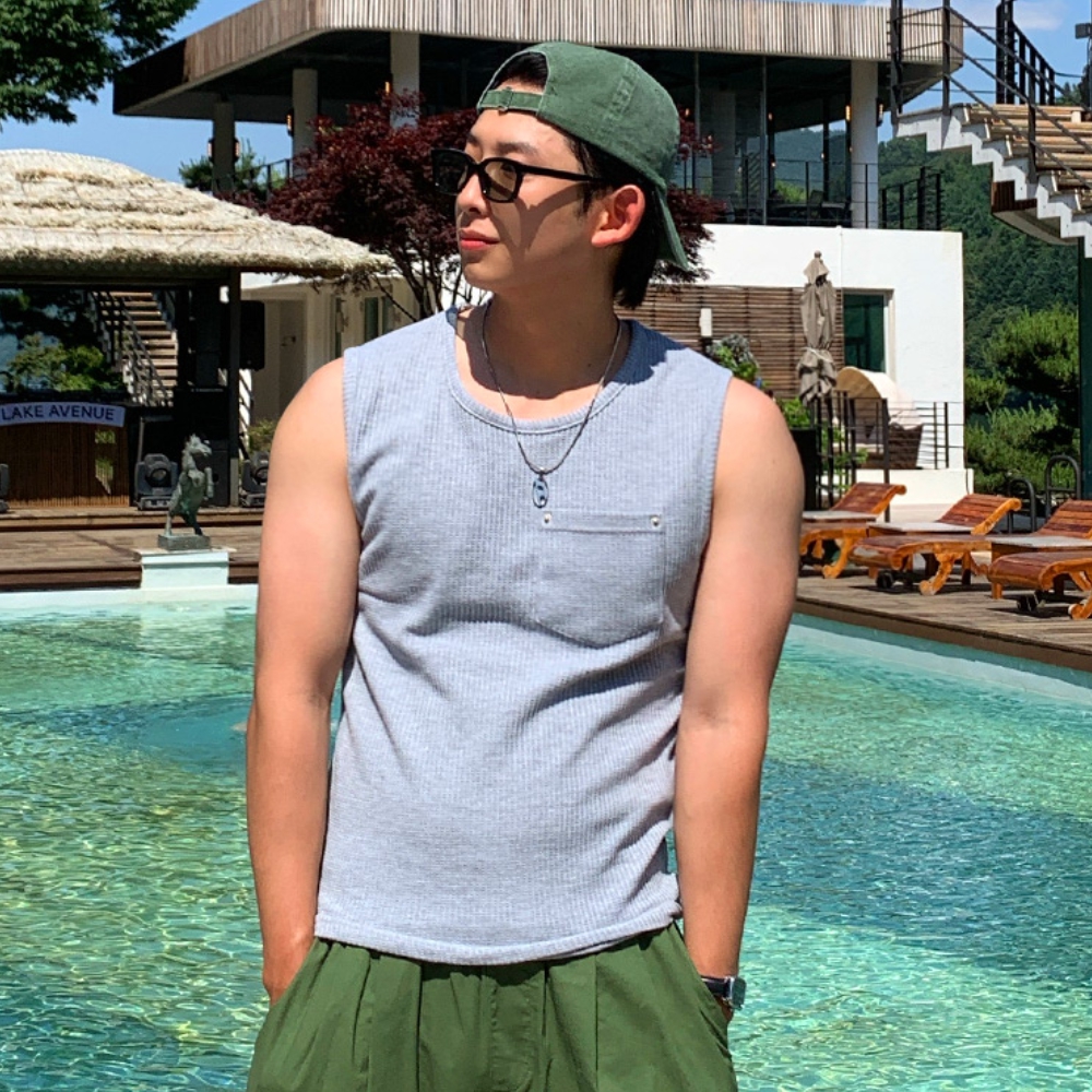 남자 암비 머슬핏 여름 와플 포켓 나시티 민소매 티셔츠 - 상세 이미지 2
