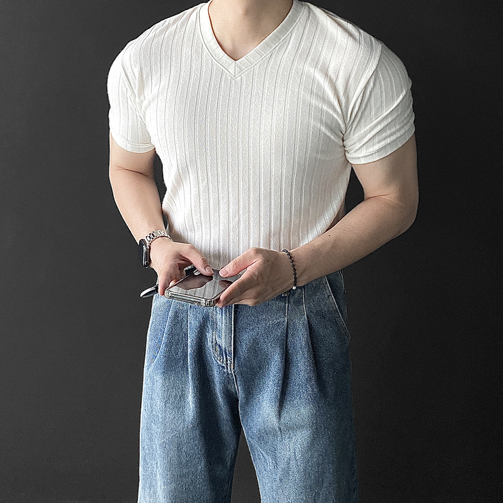 남자반팔니트 브이넥 남성여름니트 - 상세 이미지 2
