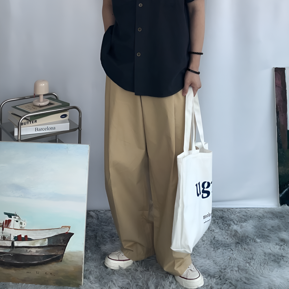 면바지 링클프리 남자 여름 베이지 커브드 벌룬 코튼 팬츠 모드릭 - 상품 이미지