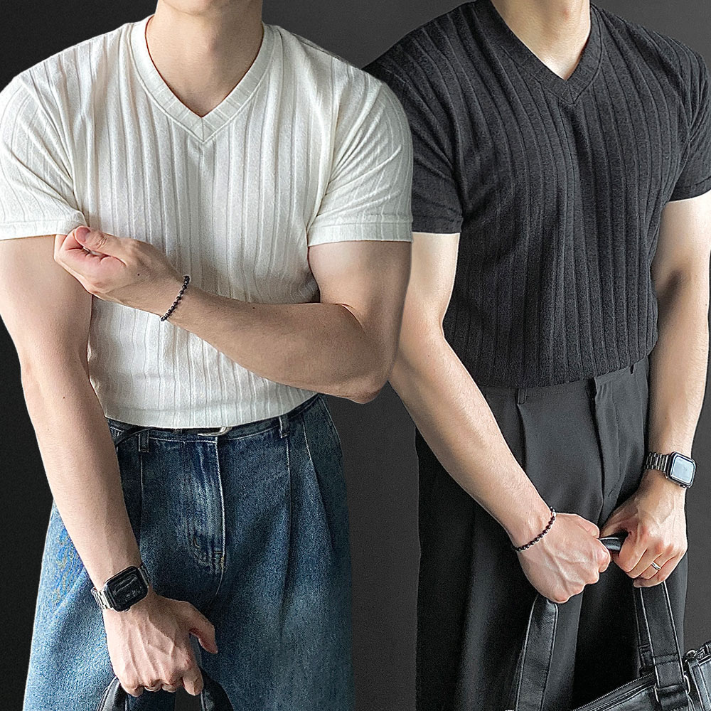 1+1 남자브이넥반팔 머슬핏반팔 비침없는흰티 - 메인 이미지