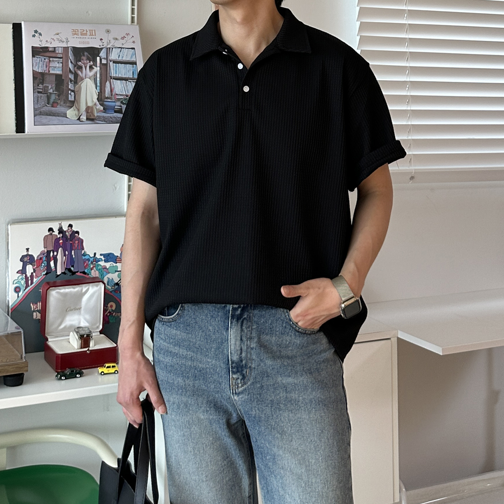 피케 티셔츠 오버핏 여름 남자 반팔티 헨리넥 반팔 - 상세 이미지 2