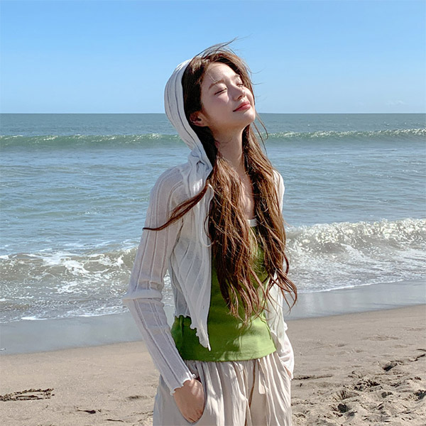 로에트 펜던트 시스루 골지 후드 가디건 cd3414 - 상품 이미지