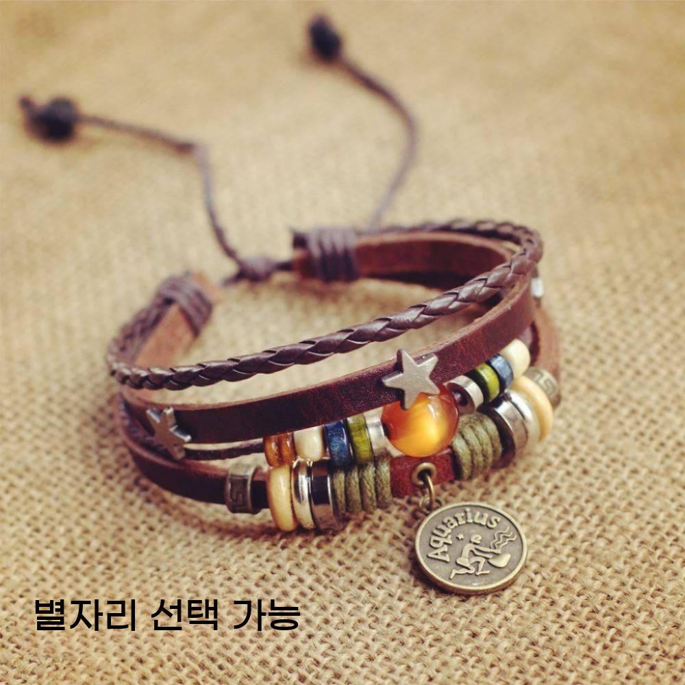 가죽 팔찌 별자리 커플 공용 여자 남자 끈 레이어드 - 상세 이미지 3