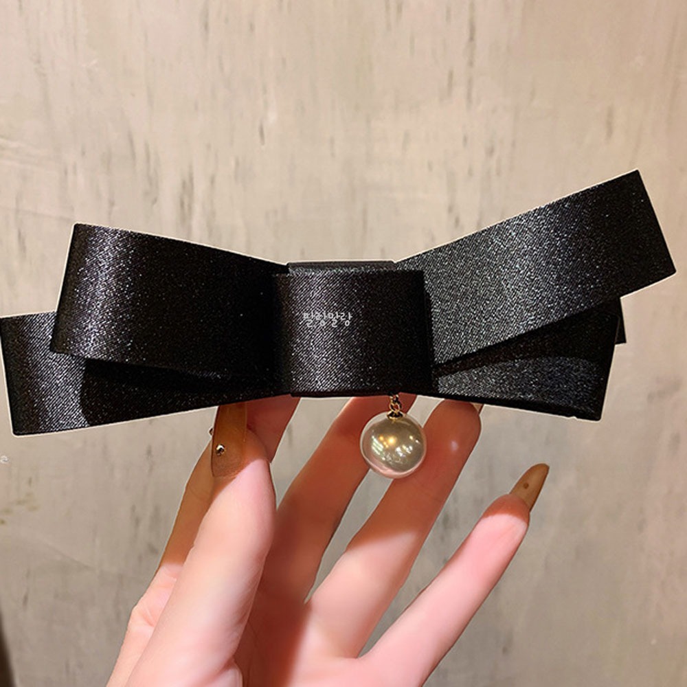 클래식 블랙 왕리본 진주 머리핀 리본자동핀 반묶음헤어삔 이미지 7