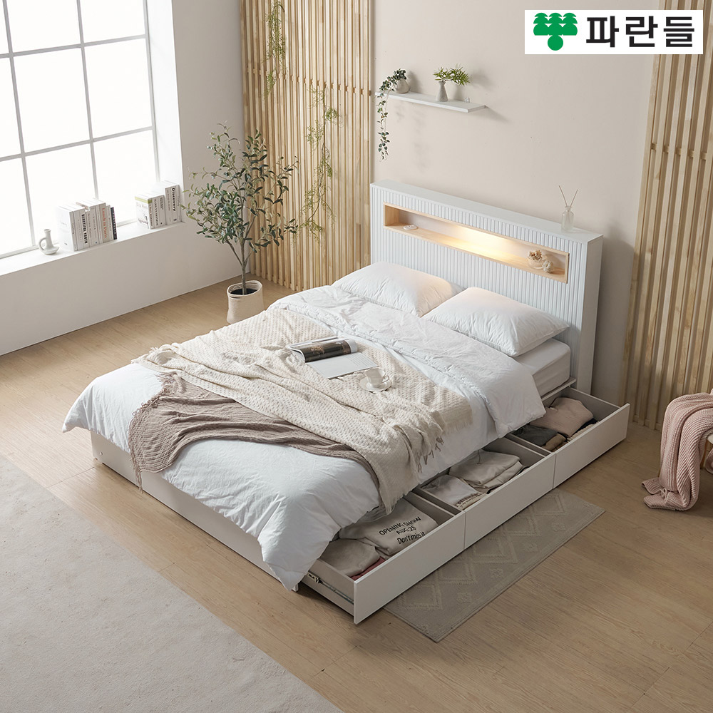 파란들가구 편백 LED 직선무늬 높이300 서랍수납 킨침대프레임 - 상세 이미지 5