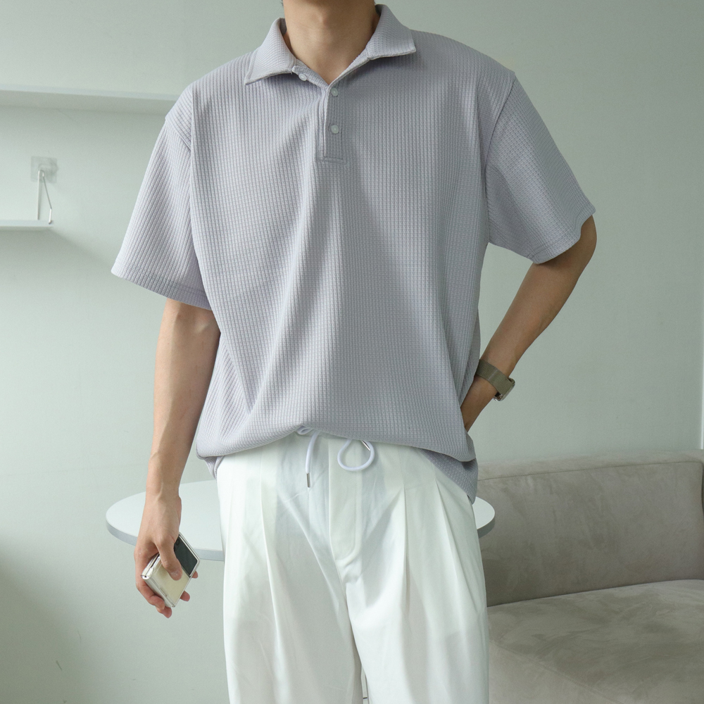 남자 반팔티 오버핏 구김없는 와플 피케 헨리넥 반팔 카라 티셔츠 - 상세 이미지 4