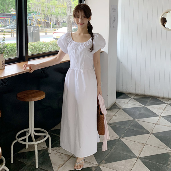 키에라 A라인 퍼프 소매 반팔 롱 원피스 op16119