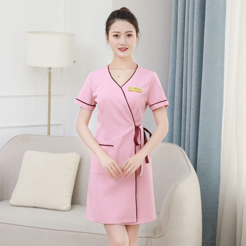 에스테틱 유니폼 랩 원피스 반팔 브이넥 피부관리 헤어샵 검정 블랙 빅사이즈 5XL까지 - 상세 이미지 4
