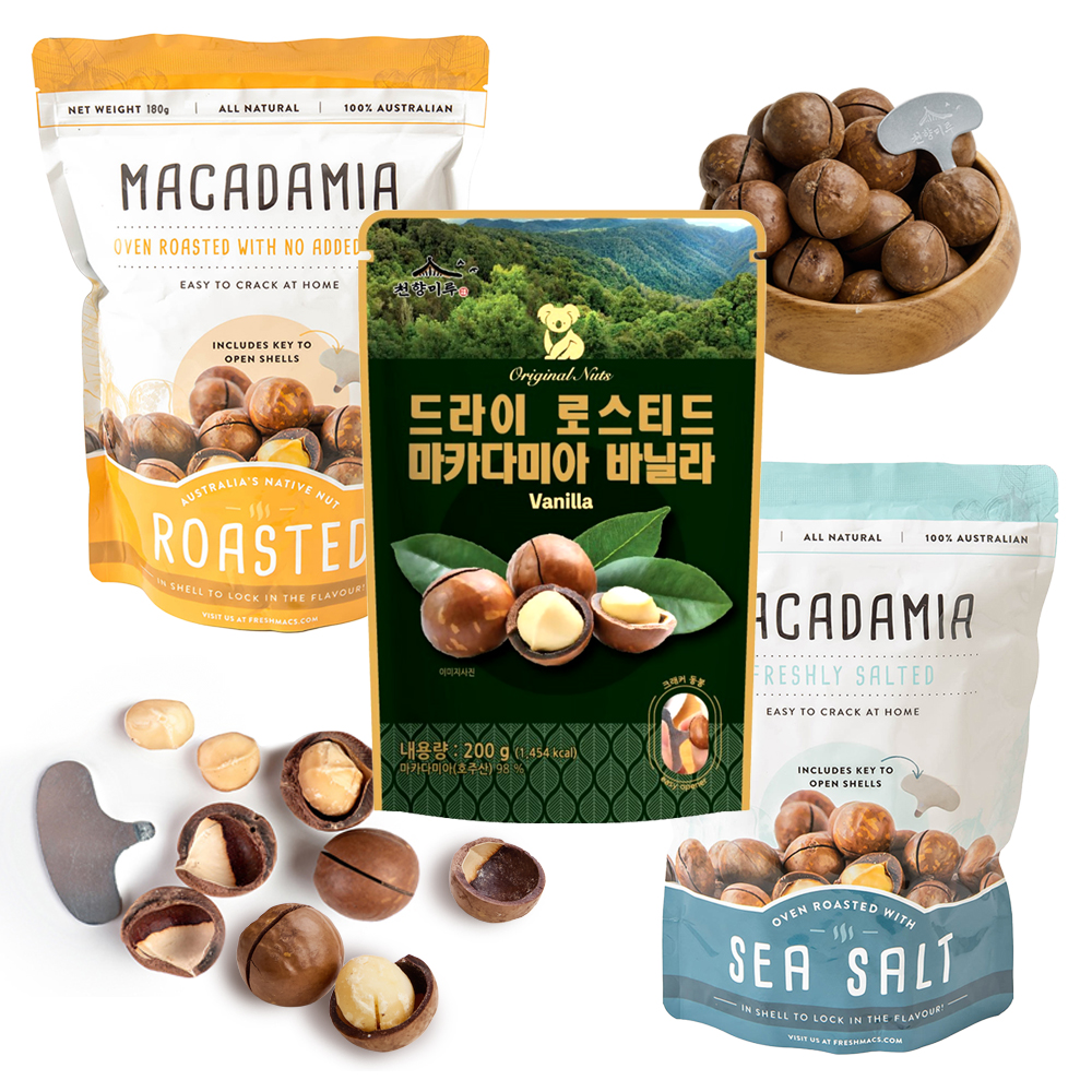 프레시맥 호주통마카다미아  (프레시맥 로스티드 180그램1봉, 쏠티180그램 1봉)+ 천량미루 바닐라 200그램 1봉,  총3봉( 560그램)