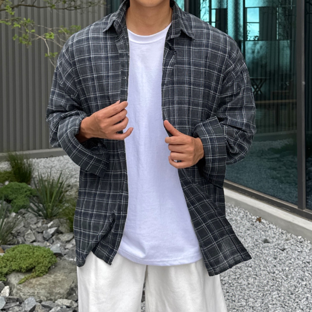 남자 차스 루즈 오버핏 여름 쿨링 린넨 긴팔 체크 셔츠 남방 - 메인 이미지