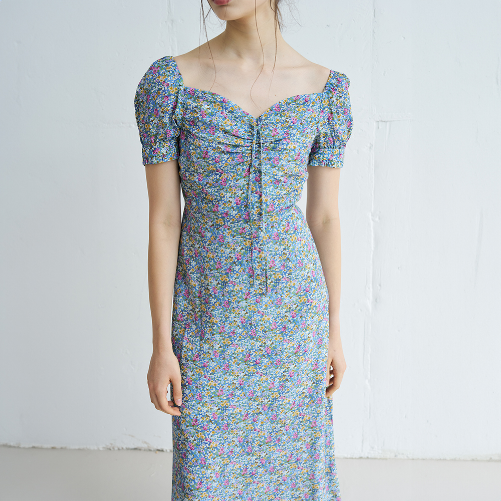 SUSHA HEART NECK FLORAL MIDI ONEPIECE (BLUE) - 상세 이미지 4